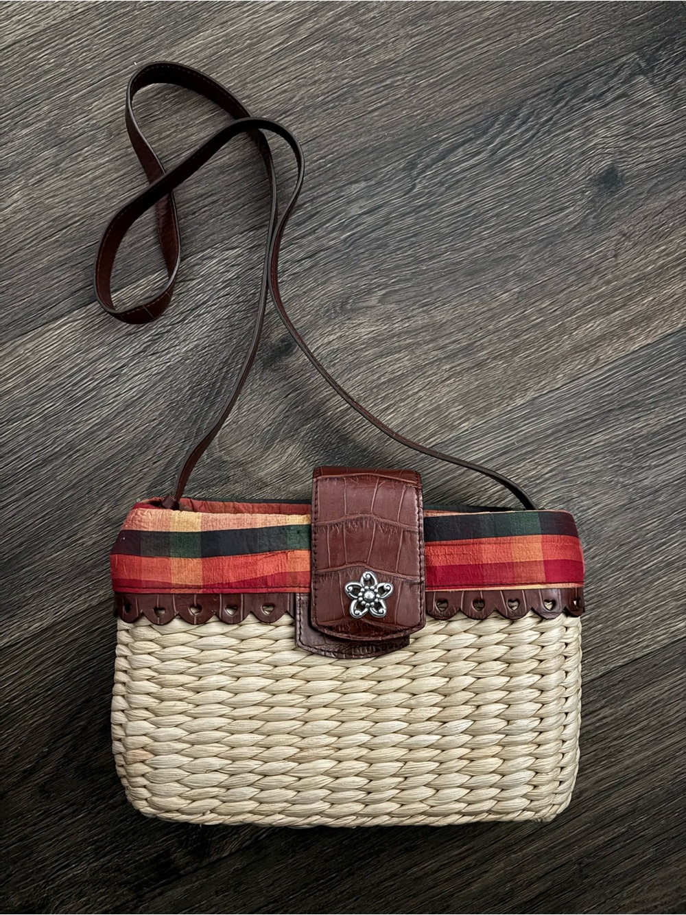 Brighton Wicker Basket Handbag Multi Color Plaid & Flower Clasp